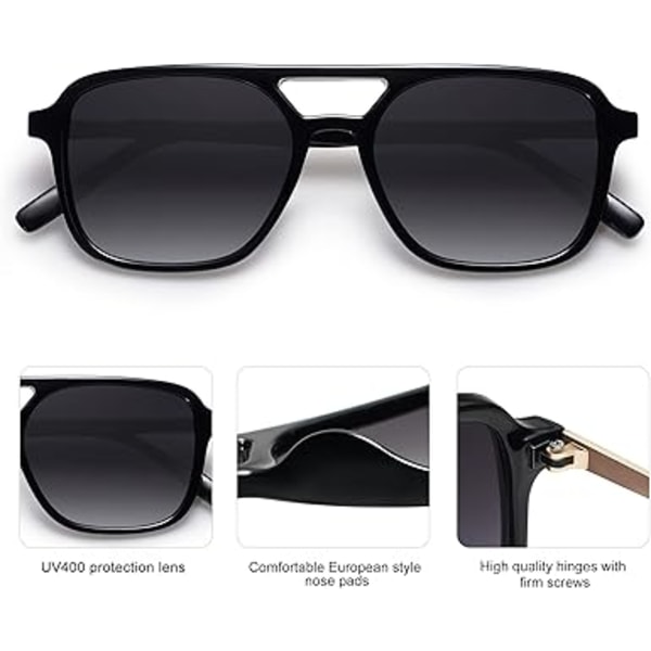 Retro Aviator Solbriller til Kvinder Mænd, Trendy Rektangulære Dame Herre Solbriller SJ2202 Black Frame/Grey Grading Lens