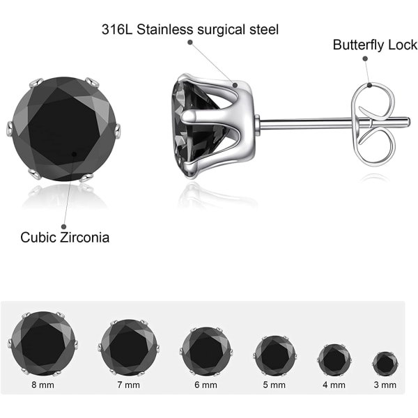 6 Paria Nappeja Korvakorut, Kirkas Kuutio Zirkonia 316L Ruostumattomasta Teräksestä Korvakorut Naisille Miehille 3-8mm（F Musta Kivi）