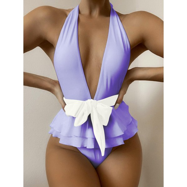 Women's Halter Plunge Neck Knot Waist One Piece Bikini Swimsuit, Purple, S