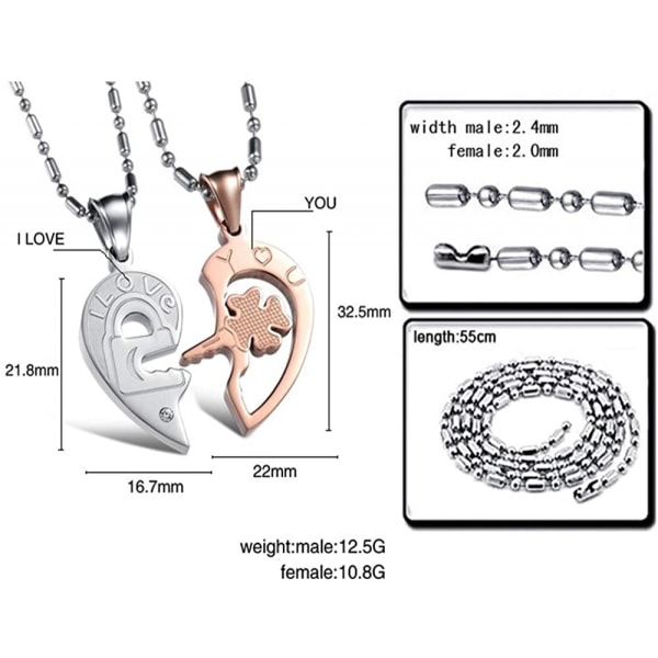 Ruostumattomasta teräksestä valmistettu sydämen lukon ja avaimen sopiva palapelipari riipuskaulakoru rakastavaisille ystävänpäivän kihlajaislahjaksi, hopea ja ruusukulta