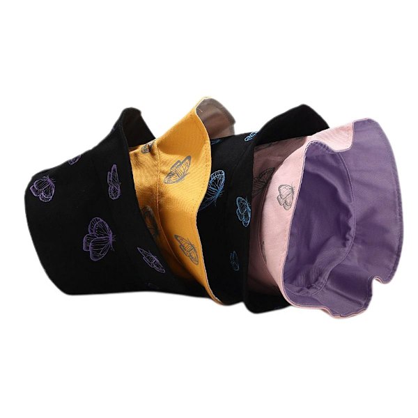Sööt Bucket Hat - Rantakalastajan Hattu Naisille, Kääntyvä Kaksipuolinen (Harmaa Perhonen, Vaaleanpunainen)