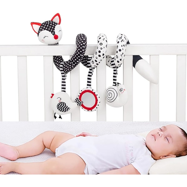 Babyleksaker för 0-6 månader, bilstolsleksaker för bebisar, svart vit barnvagnsleksak stretch baby spiral plyschleksaker, hängande skallror FOX