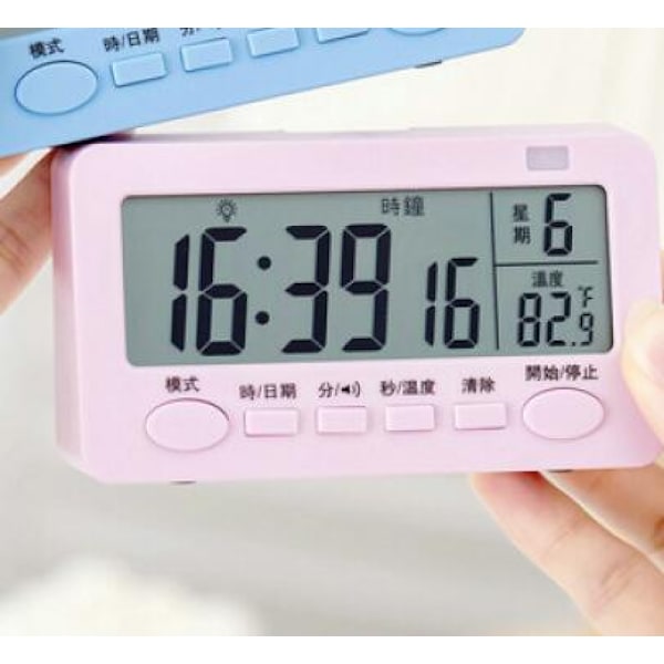 Digitalt køkkenur, stort LED-display, høj alarm, intelligent timer til køkken og multifunktions studenteralarmur. (Pink)