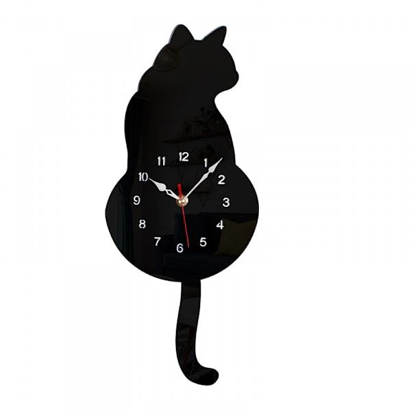 Katt Pendel Väggklocka, Kattklocka med Rörlig Svans, Vardagsrum Kontor Café Sovrum, Present till Kattälskare (Svart Katt-Ögonlös)