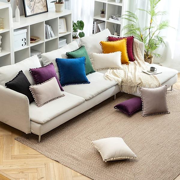 Pakke med 2 dekorative pynteputer, myke partikler fløyel ensfargede putetrekk med pom-poms for sofa soverom bil (12 x 20 tommer, rosa blanding grå)