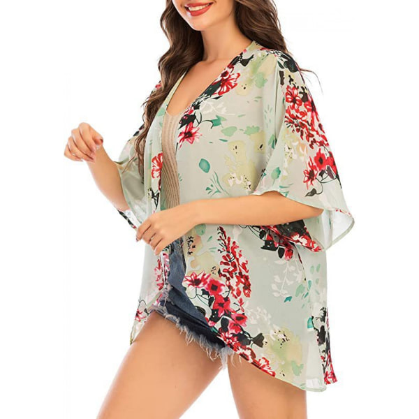 Blommigt print ärm för damer Kimono Cardigan Lös Cover Up Casual blus Toppar ---Grönt print （Storlek M）