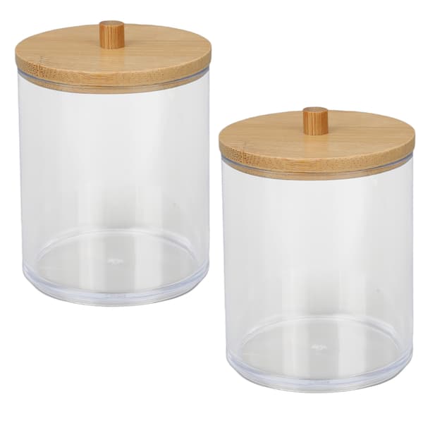 2PCS Bomullstopsförvaringslåda Plastcylinder Transparent med Bambulock Bomullstopsorganisatör för Hem