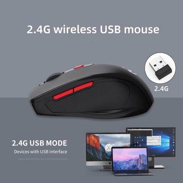 2,4G trådlös mus, 1600DPI justerbar, 6-knapps svart optisk kontorsmus lämplig för stationära datorer, bärbara datorer