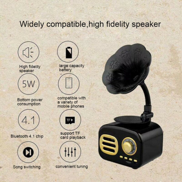 Retro Bluetooth-kompatibel högtalare Bärbar Mini Trådlös Grammofonspelare med TF-kortplats Bärbar laddning svart högtalare