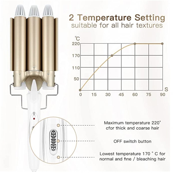 Hårbølger 3-tønnet krølltang - Hårkrøller for langt hår 25mm med 2 temperaturkontroll 30s