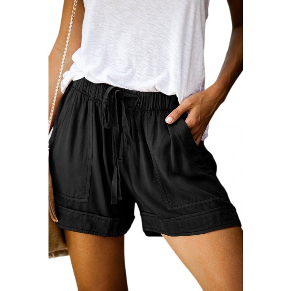 Casual Shorts för kvinnor, bekväma dragsko med resår i midjan sommarshorts med fickor --- Svarta （Storlek M）