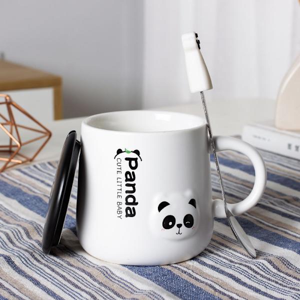 Grå Panda-kopp med 3D-figurlokk og skje, keramisk kaffe- eller tekopp, 22OZ blunk