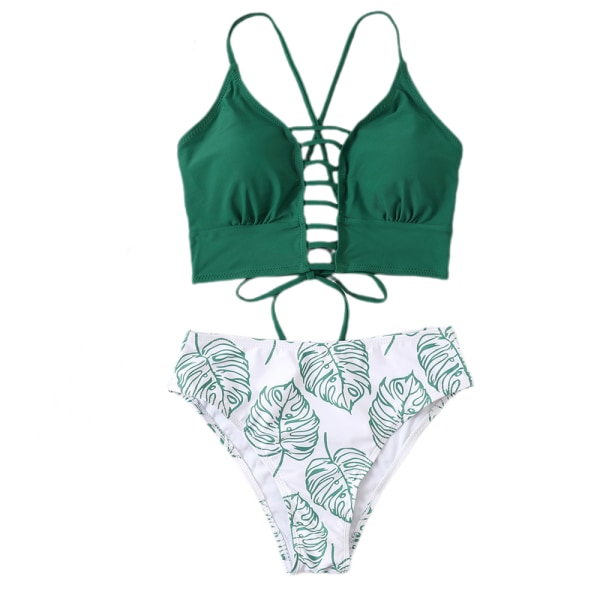 Bikinibadkläder för kvinnor Blommönster Print Flerfärgad snörning Tvådelad baddräkt för tropiska semester, sommar (grön) S