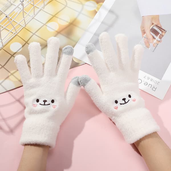 Dame Børn Vinter Touch Screen Handsker Varme Fleece Foring Strikkehandsker Elastisk Manchet Vinter SMS Handsker Hvid Smiley
