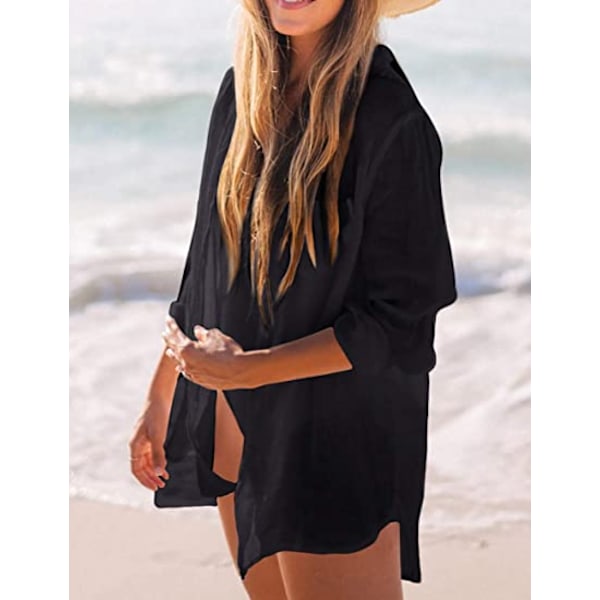 Kvinder Langærmet Strandskjorte Bluser Turn Down Krave Badetøj Cover Ups, G-sort