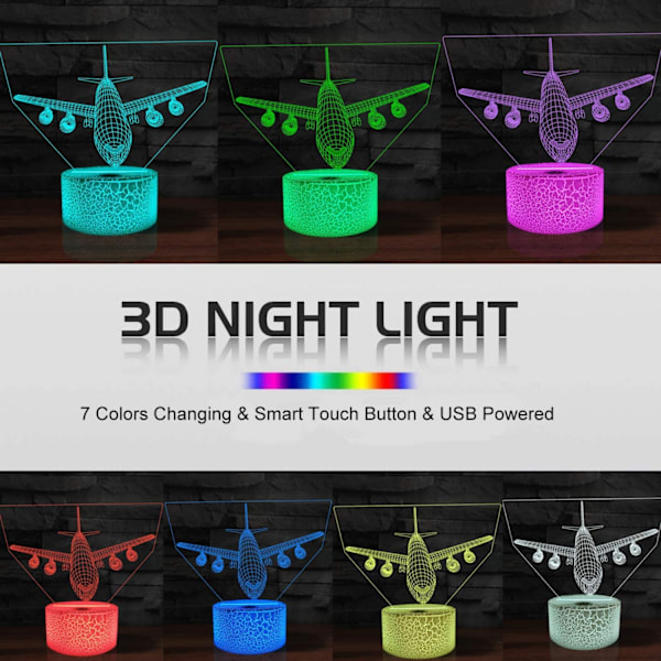 Lentokone Yövalo 3D Illuusio Lamppu 7 Väriä Vaihtuva Kosketusohjaus LED Pöytä Lamppu Koriste Lamput Joulu Syntymäpäivälahjat (Tyyli B)