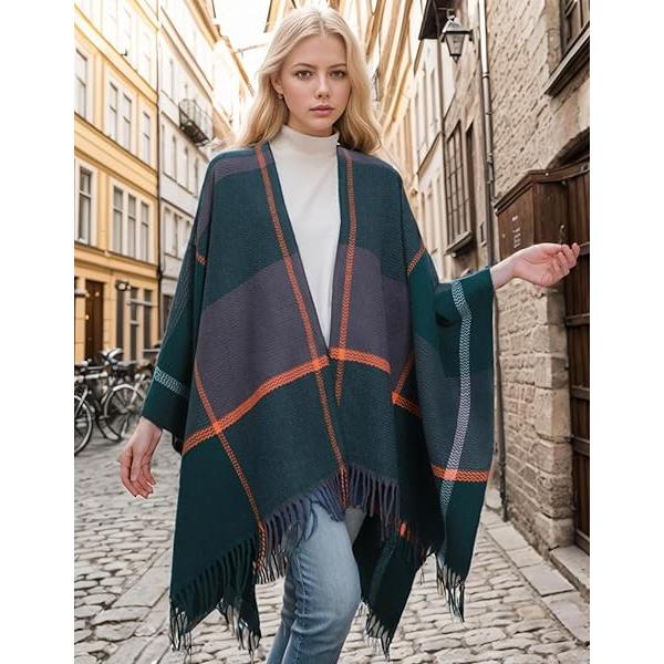 Damkoftor med öppen front, sjal, poncho, kappa, varm, stor, rutig, casual, stickad, sjal, höst, vinter, rutig grön