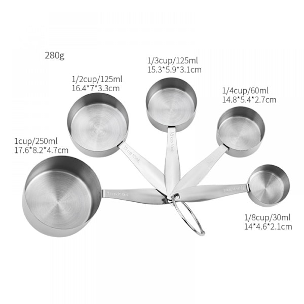 Rustfrit Stål Målebæger - 5-delt Mål Bæger i Rustfrit Stål Med Opbevaringsring, Køkken 5-delt Rustfrit Stål Målebæger.(5PCS)