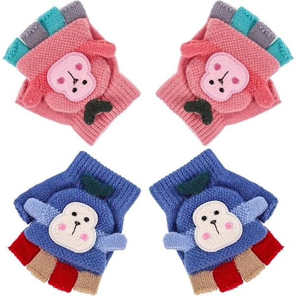 2 Pair Half Finger Kids Warm Gloves Toddler Fingerless Knitted Winter Gloves for Boy Girl,1-5Y