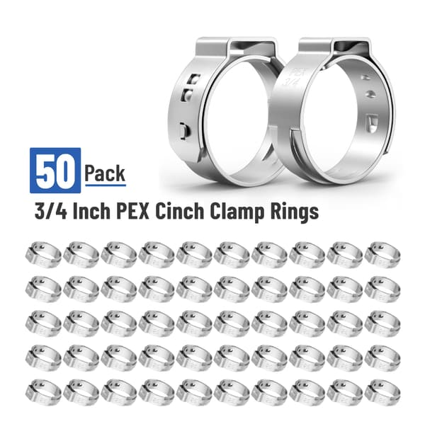 50-pak 3/4 tommer Cinch-ringe, rustfri fastgørelsesanordninger til PEX-forbindelse, værksted, VVS, sølv 3/4"