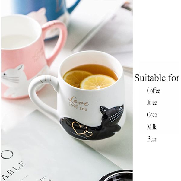 Söt kattkopp Keramisk kaffemuggset med lock sked, Födelsedagspresent Idé för kattälskare Mugg 400ML(Svart-Vit)