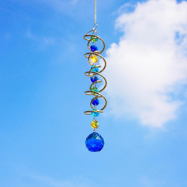 WJ12317.7inch Gazing Ball Spiral Tail, Dekorativ Vindmølle Solfanger, Regnbuemager Dobbelt-Spiral Med Havblå Krystal Kugle og C Blue Ball Drop Prism
