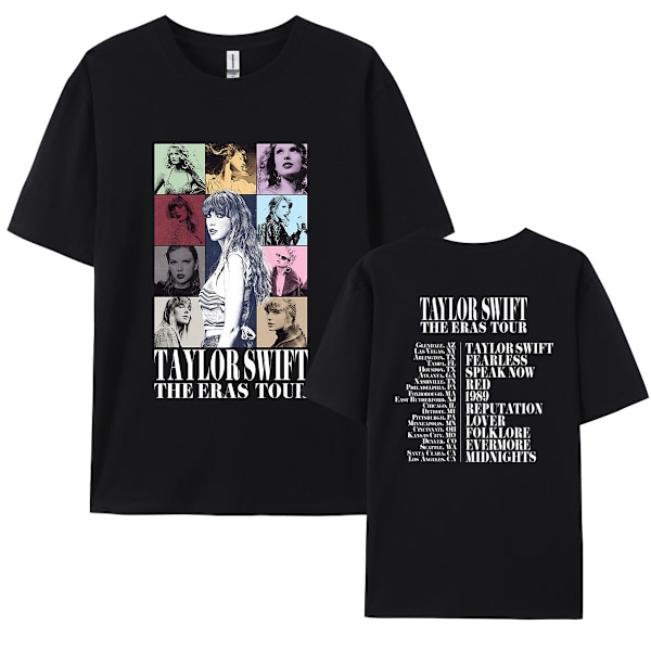 Trendy T-shirt til kvinder - 𝑻𝒂𝒚𝒍𝒐𝒓 grafisk t-shirt med rund hals, korte ærmer, trykt, oversized, strækbar, casual sommer-t-shirt med kort rund hals - til koncerter BLACK XXS