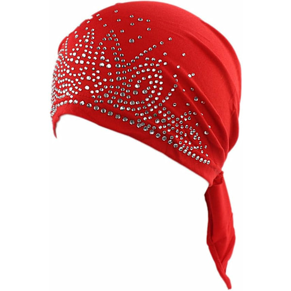 Huvudscarf för kvinnor med strass, huvudband, kemohatt, spandex bandana, durag, röd