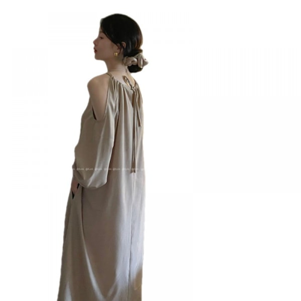 Kvinders Casual Off Shoulder Lanterne Langærmet Løs Lomme Snøre Lang Kjole Mini Swing Plisseret A-linje Løs Kjole(Khaki M)