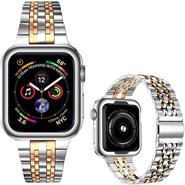 Kompatibel med Apple Watch-rem 42mm 44mm 45mm, Solid rustfritt stål metallrem for iWatch-serien, sølv/roségull