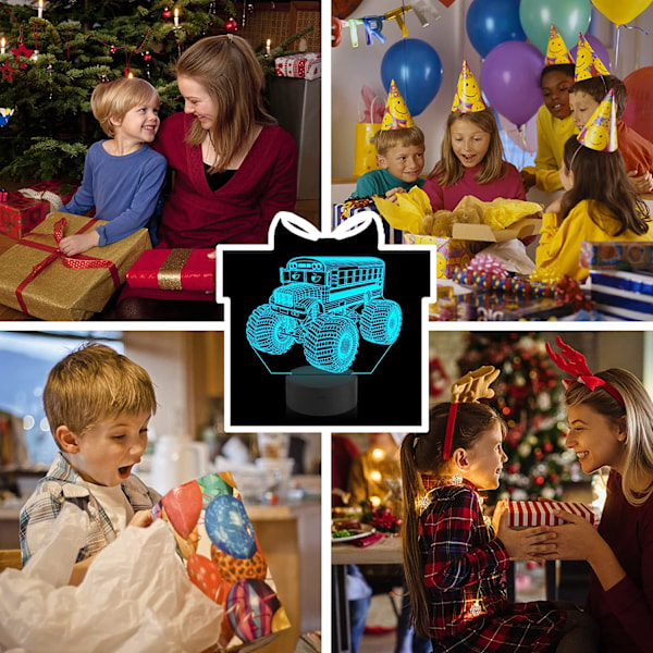 Qinwei Monster Trucks Nattlampa Busgo 3D Illusion Lamp  16 Färger Ändras med Fjärrkontroll Kreativa Födelsedagspresenter för Barn Pojkar Sovrumsdekor