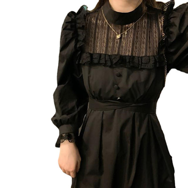 Kvinners langærmet ensfarget firkantet hals rynket høy midje kjole blonder-up casual elegant midi kjoler(Svart M)