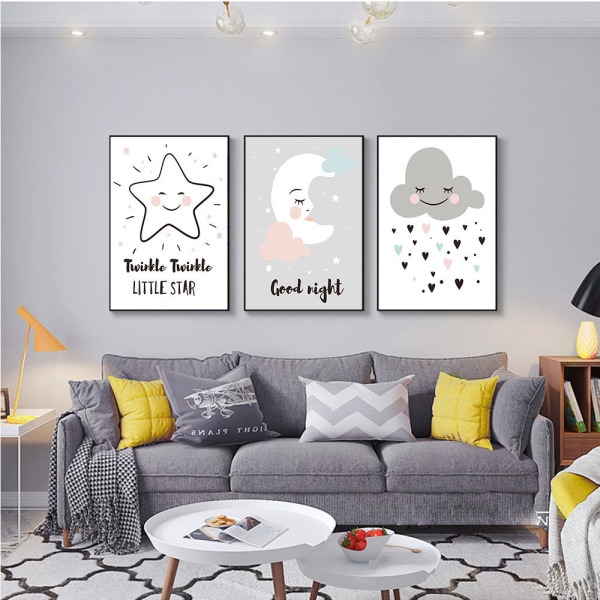 Wekity Søde Tegneserie Stjerner Måne Sky Cloud Wall Art Lærred Tryk Plakat, Enkelt Mode Akvarel Kunst Dekoration til Hjem Stue Soveværelse Kontor og Børn