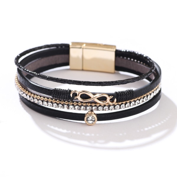 Boho Armband Lädermanschett Armband Flätad Diamant Flerlagersarmband Ladies Stapelbara Infinity Armband Smycken med magnetlås (Svart)