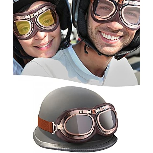 3 delar av motorcykelglasögon retrostil Uv-resistenta glasögon halvhjälm Dammtät och vindtät - brun