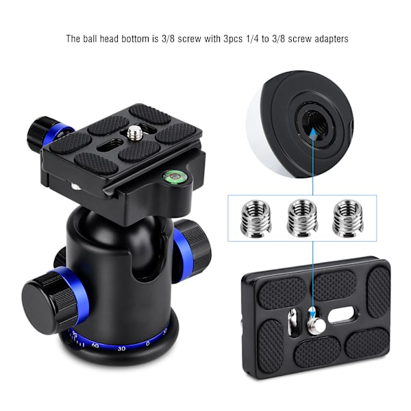 Mefury Tripod Kulled med Panorering och 3 st 1/4\" till 3/8\" Skruvadapter Blå