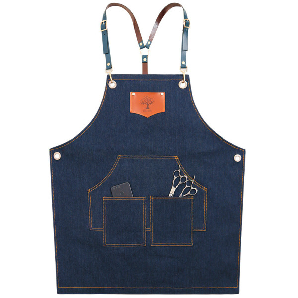 Denim Apron Fashion Kitchen Barber Hot Pot Milk Tea Cake Shop Restaurant Workwear(blue)