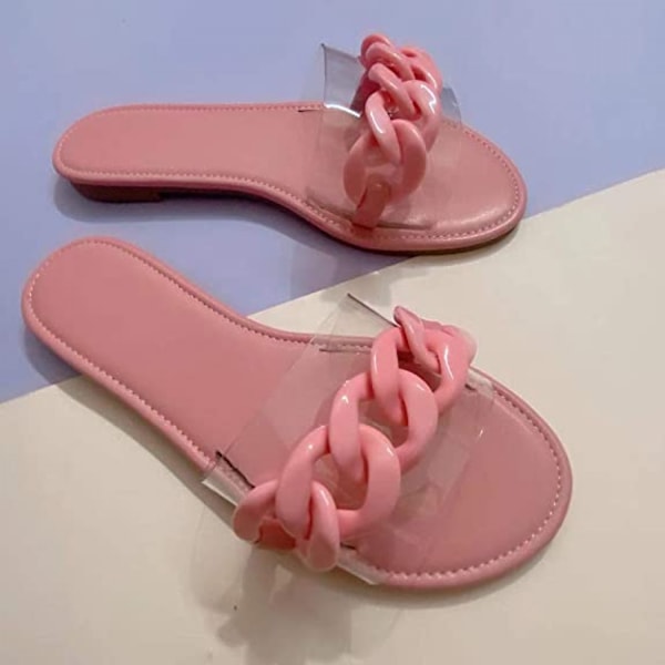 Kvinnersandaler Strand Åpen Tå Flateslippers Transparent  Mote Fargerik Kjede Klar Slide Flip Flops Slip on Utendørs Strand ----- Rosa （Størrelse 42）