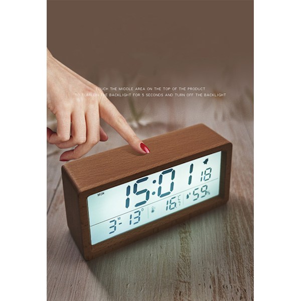 Digital väckarklocka i trä, kalender, temperatur- och luftfuktighetsskärm, 12/24 timmar, Celsius eller Fahrenheit-växling - brun