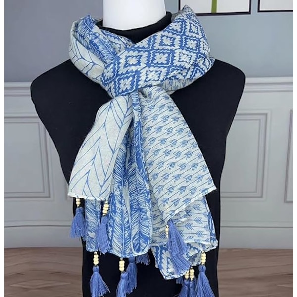 Reseschaal Boho-sjal för kvinnor Casual lättvikts Pashmina-sjal Mode Flerfärgad Sjal Wraps med fransade pärlor, BLÅ