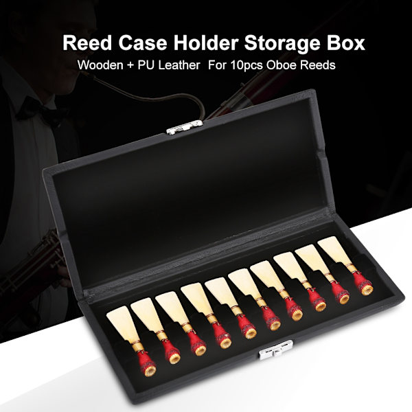 Trä PU läderfodral Reed Case Holder Förvaringslåda för 10 st Oboe Reeds