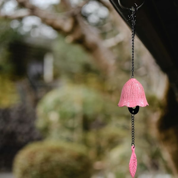 Lycklig Japansk Traditionell, Gjutjärns Välsignelse Tempel Vindspel, Utomhus Små Vindspel, Patio, Balkong, Utomhus Trädgårdsklocka, IronW small--pink