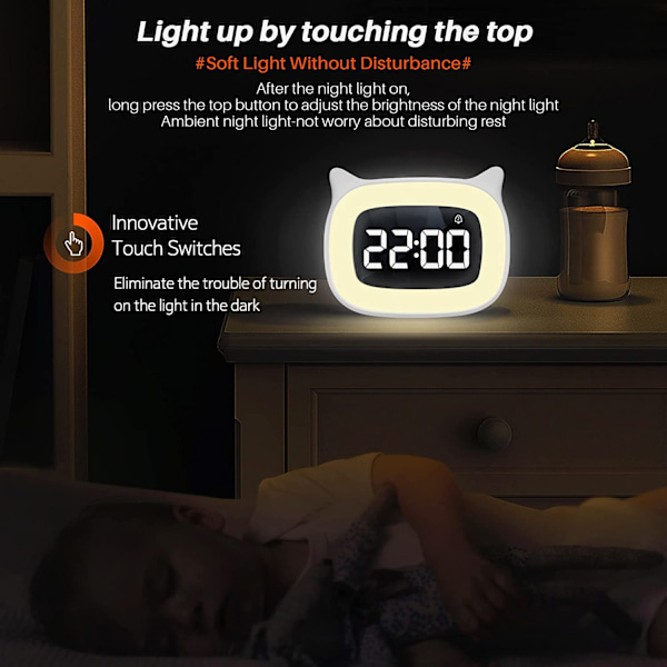 Barnealarmklokke med nattlys Trinnløs dimming, Søt katteøre digital klokke for gutter og jenter, 5 minutters alarm, Ok å vekke barn (hvit)