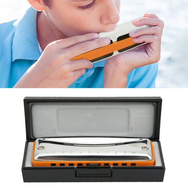 Blues Harmonika 10 Huller Mundharmonika D-Nøgle Rustfrit Stål ABS-Harpiks Blæseinstrument Orange
