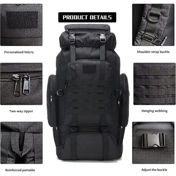 WINTMING Vandringsryggsäck för Män 80L Campingryggsäck Militär Ryggsäck 3 Dagars Assault Pack för Klättring black