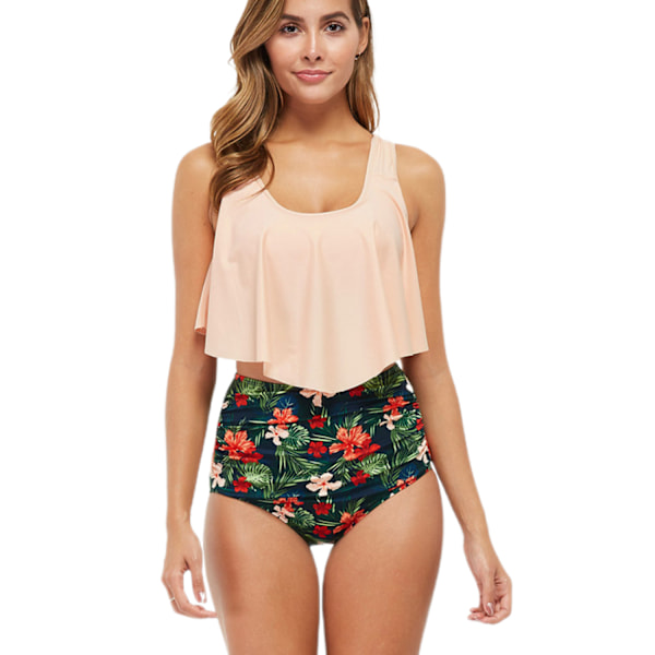 Baddräkter för kvinnor Tvådelad badkläder Dubbel volangbaddräkt Topp Hög midja Botten Badkläder Bikini, Beige, 3XL