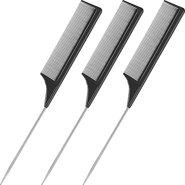 3 Pakker Rottehale Kam Stål Pin Rottehale Kulfiber Varmebestandig Tæmme Kamme med Rustfrit Stål Pintail (Sort) Black 3 Count (Pack of 1)