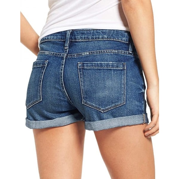 Jeansshorts med rippade denim för kvinnor Stretchig, vikt fåll Korta jeans --- Mörkblå （Storlek S）