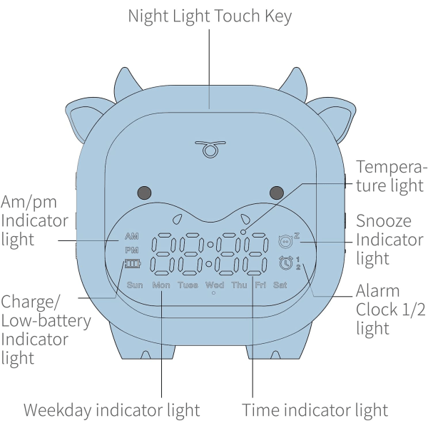 Barnealarmklokke Barn Soverom Dato Temperatur Snooze Vekkelyset og nattlys Søt Digital Ku Klokke med USB for Gutter Jenter Gaver