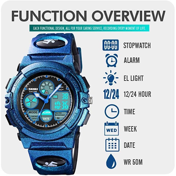 Pojkar, flickor, vattentät watch, ljusblå PU-rem för watch, elektronisk analog watch med larmstoppur